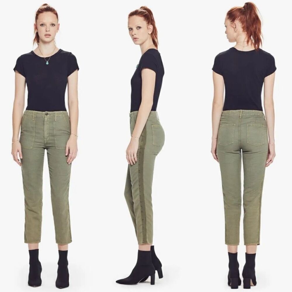 Mother Shaker Crop Pant, Army Green Linen Blend Size 28